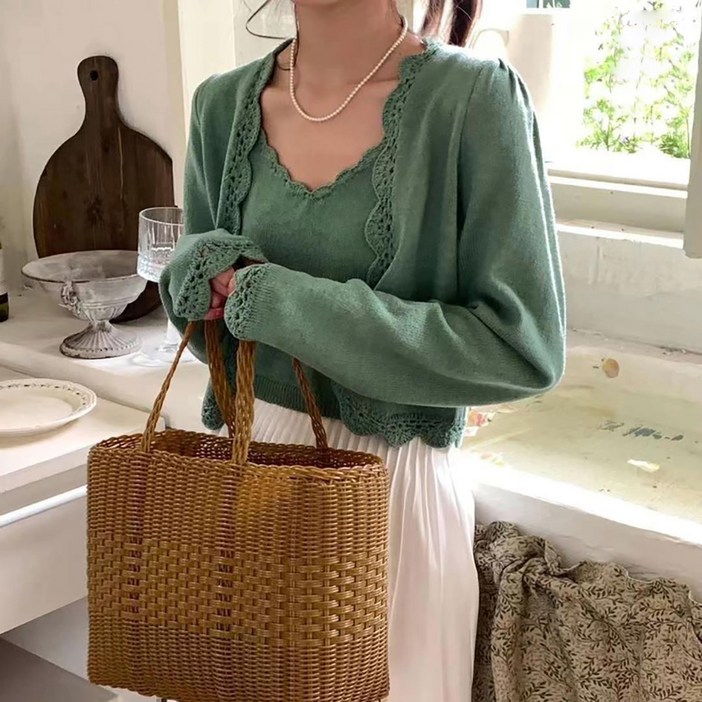 페이퍼먼츠 여성용 레이스 니트 브이넥 심플 가디건 세트 06363