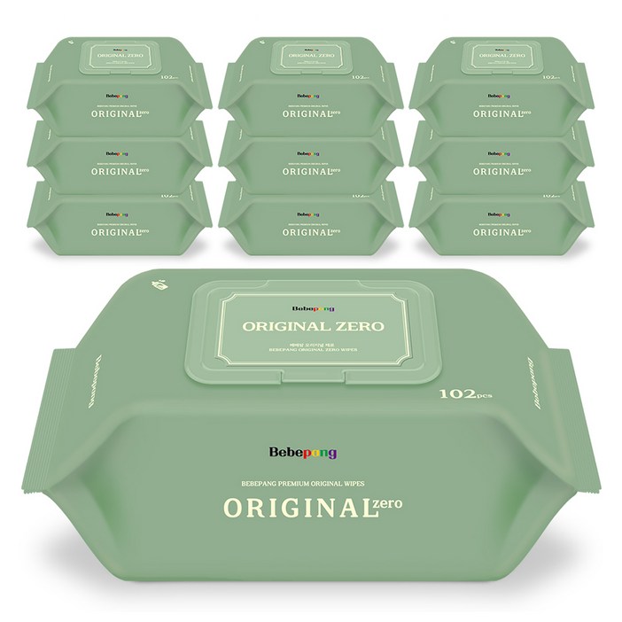 베베팡 오리지널 제로 물티슈 아기물티슈 캡형 52gsm, 102매, 10팩