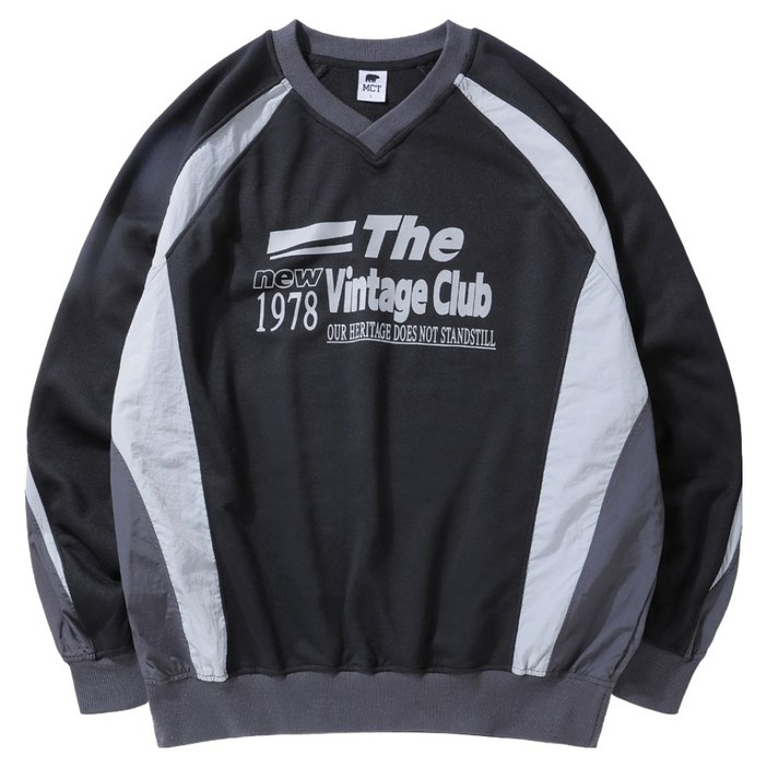 엠씨티 남녀공용 브이넥 쭈리 우븐 배색 오버핏 맨투맨