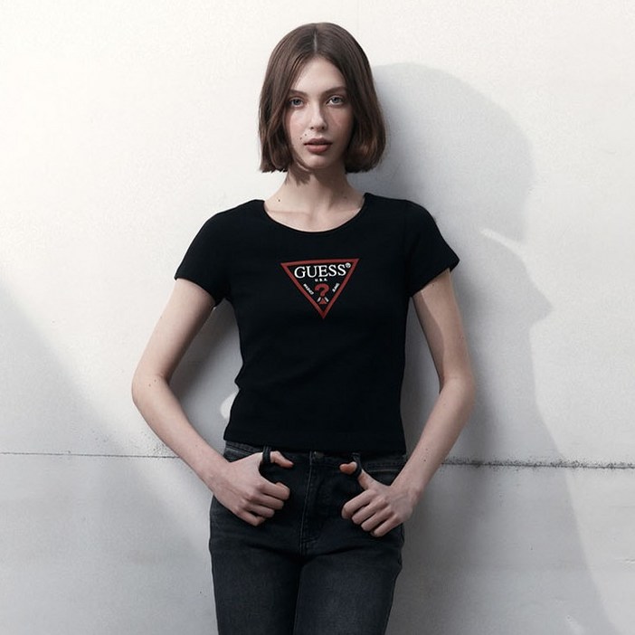 게스 여성용 오리지널 삼각 골지 반팔 티셔츠 OP2K5405