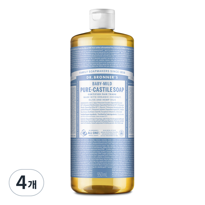 닥터브로너스 베이비 마일드 페이스 앤 바디 퓨어 캐스틸 솝 바디워시, 950ml, 4개
