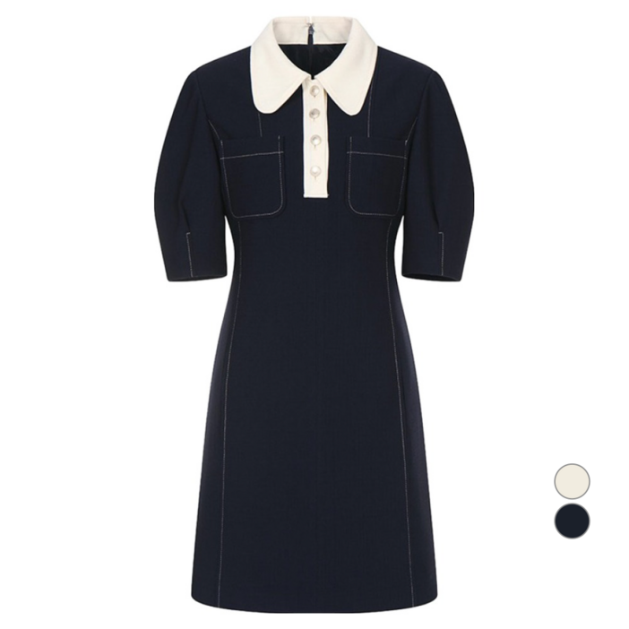 올리브데올리브 여성용 라운드 배색 카라 슬림핏 미니 원피스