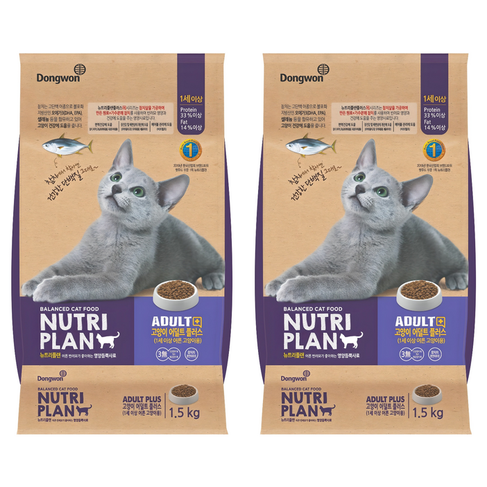동원뉴트리플랜 어덜트 고양이 플러스 건식사료, 참치, 1.5kg, 2개