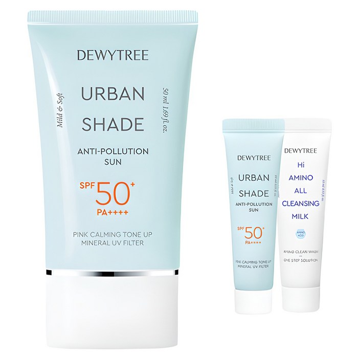 듀이트리 어반쉐이드 안티폴루션 선크림 SPF50 PA 50ml 10ml 하이아미노 올 클렌징 밀크 10ml 세트