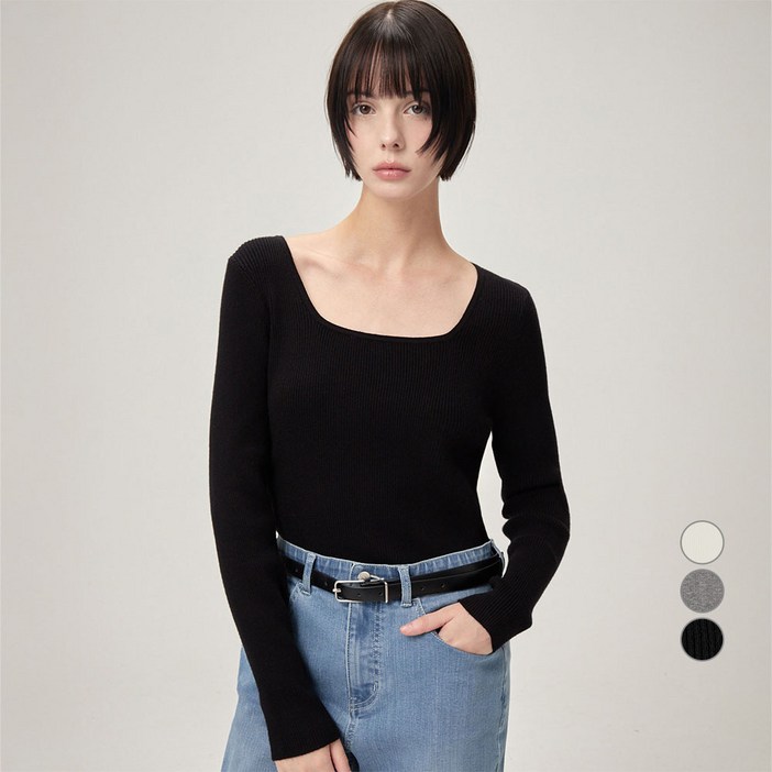 ELLEPARIS 여성용 RNP 립 쫀쫀 스퀘어넥 기본 긴팔 스웨터 니트
