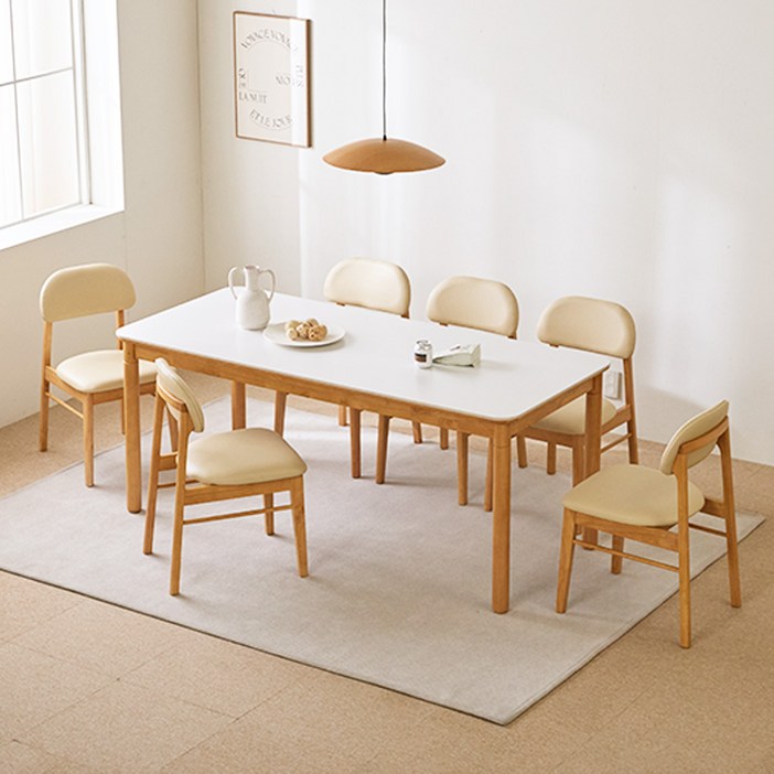 베니 세라믹 원목식탁 6인용 1800 + 의자6p 세트 방문설치, 내추럴(프레임, 의자), 화이트(상판), 일반의자 6