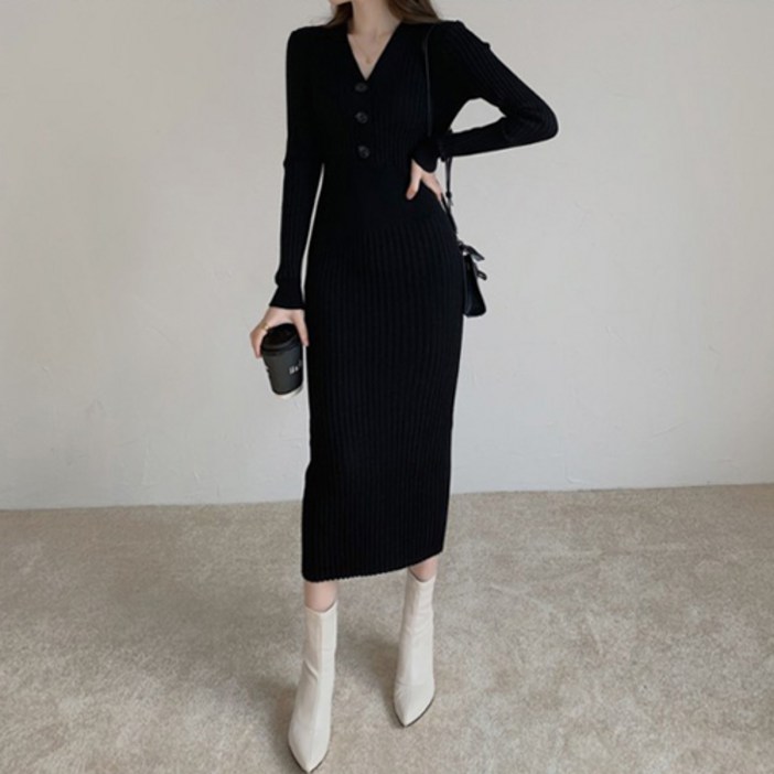 뮤리엘 여성용 슬림핏 골지 롱 원피스