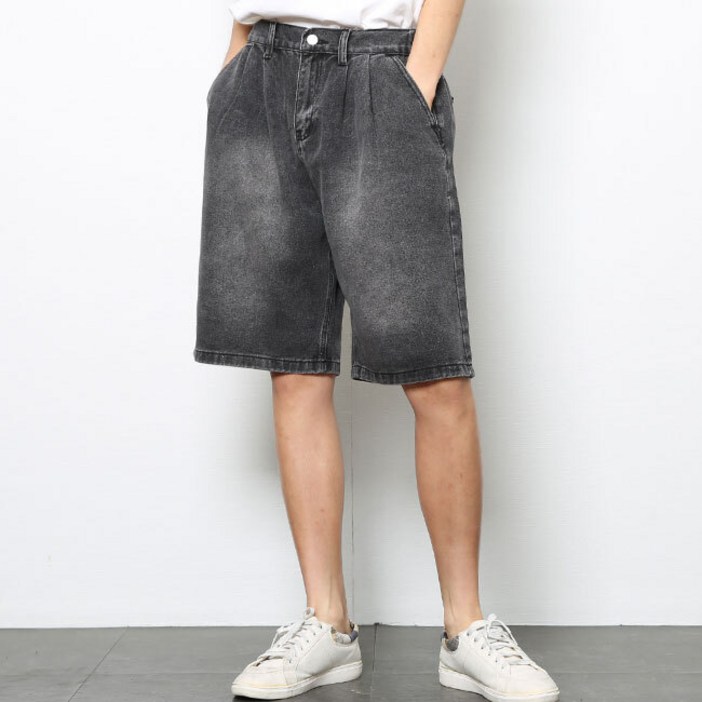 남성용 맨타운 베이직 버뮤다 투턱 와이드 뒷밴딩 청 반바지