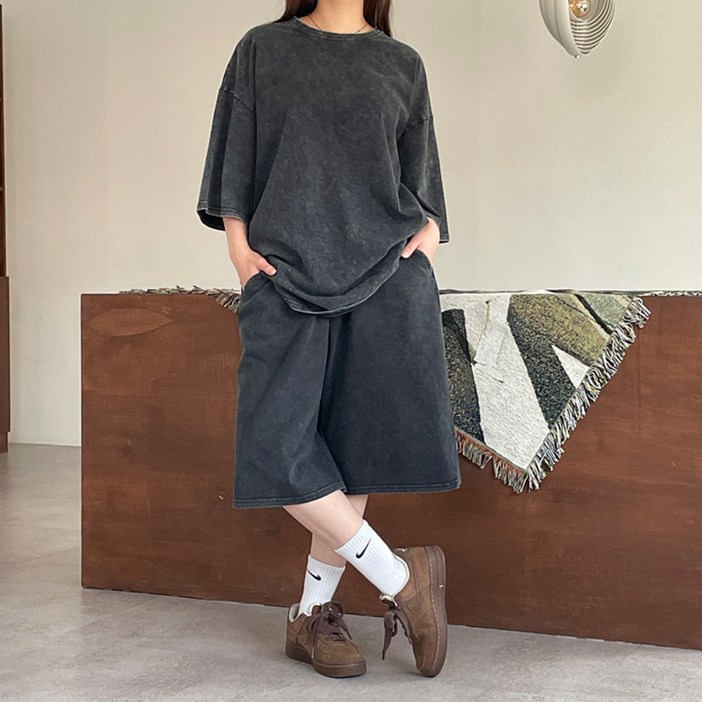 얼로우SET비비 피그먼트 오버핏 반팔 반바지 셋업 버뮤다 밴딩 숏팬츠 여름 트레이닝 투피스 세트 남여공용 커플룩 시밀러룩