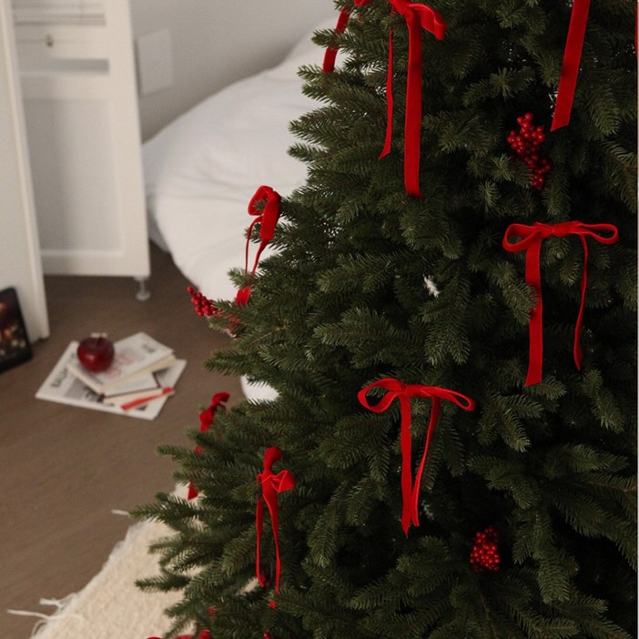 POCK 레드벨벳리본 크리스마스 장식 발레코어 리본 양면벨벳  트리 오너먼트 5pcs, 10pcs