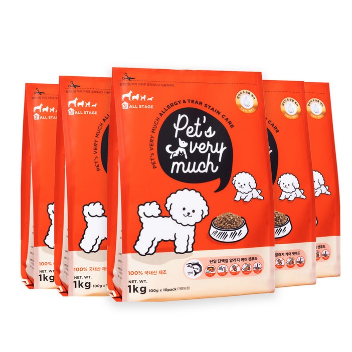 페츠베리머치 강아지사료 눈물사료 눈물자국 알러지 사료, 연어, 1kg, 5개