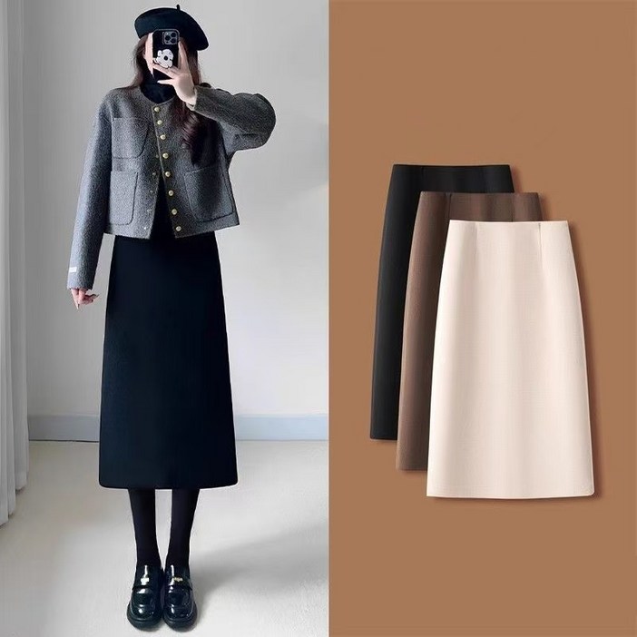 깔끔한 A라인 모직 미디 스커트