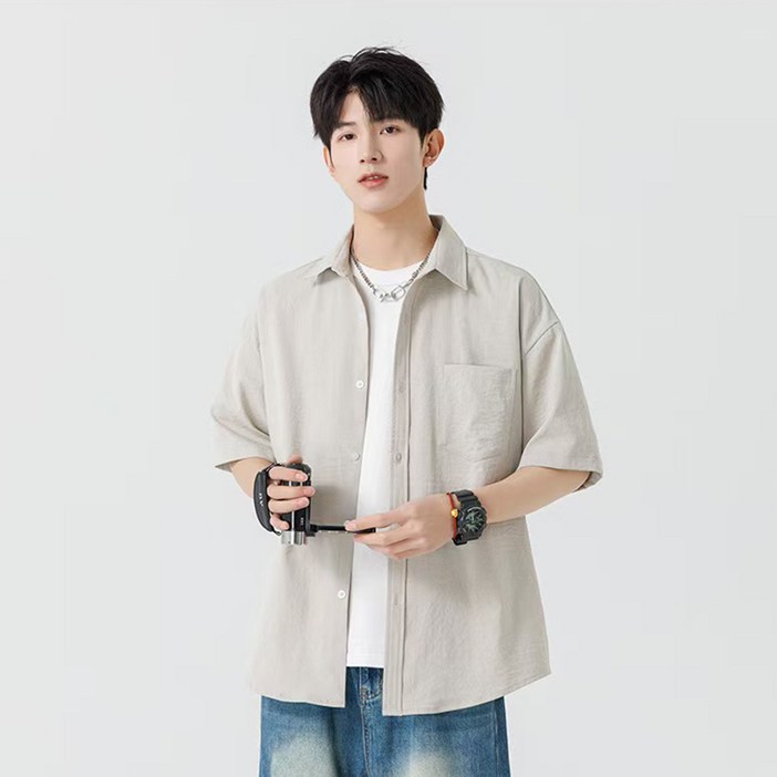 YANGTA 남성용 여름 반팔 링클프리 오버핏 무지 남방