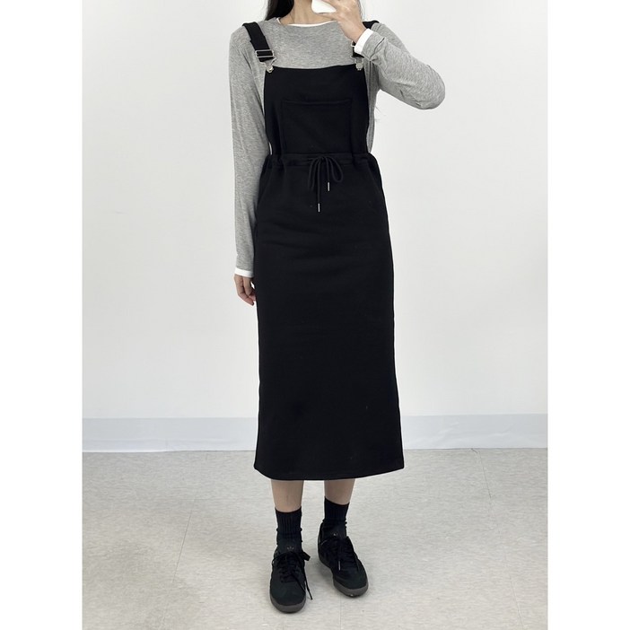 멜빵원피스 뒤트임 롱 스판 면 쭈리 편한 츄리닝 트레이닝복 길이조절가능 (그레이,블랙)