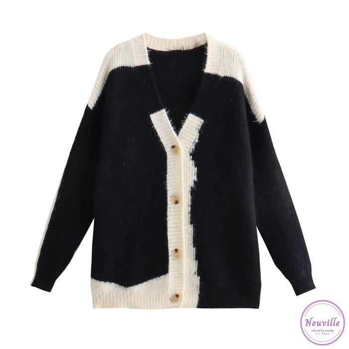 롱 니트 가디건 오버핏 브이넥 배색 날개사 카디건 데일리룩 등원룩