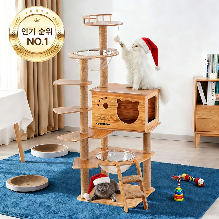 고양이 등반용 원목 우주선 디자인,바닥 설치형 두꺼운 합판 캣 하우스,대형 캣 타워 & 캣 스크래처 포스트,고양이 워크웨이,가정용 다층 캣 점프대,뛰어난 안정성,운동 부족 해결