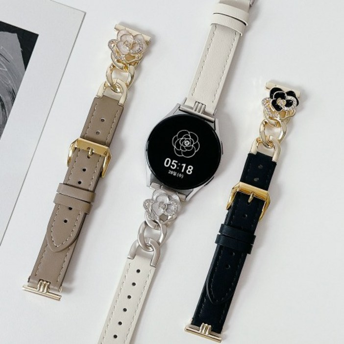 갤럭시 워치 7 스트랩 6 5 플라워 체인 레더 액티브 1 2 가죽 스트랩, 엔틱화이트, 1개