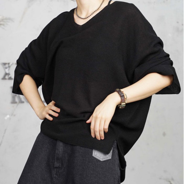 벅시루 여성 허밍 딮브이넥 루즈핏 봄가을 가벼운 오버핏 가오리 엄마 니트티셔츠