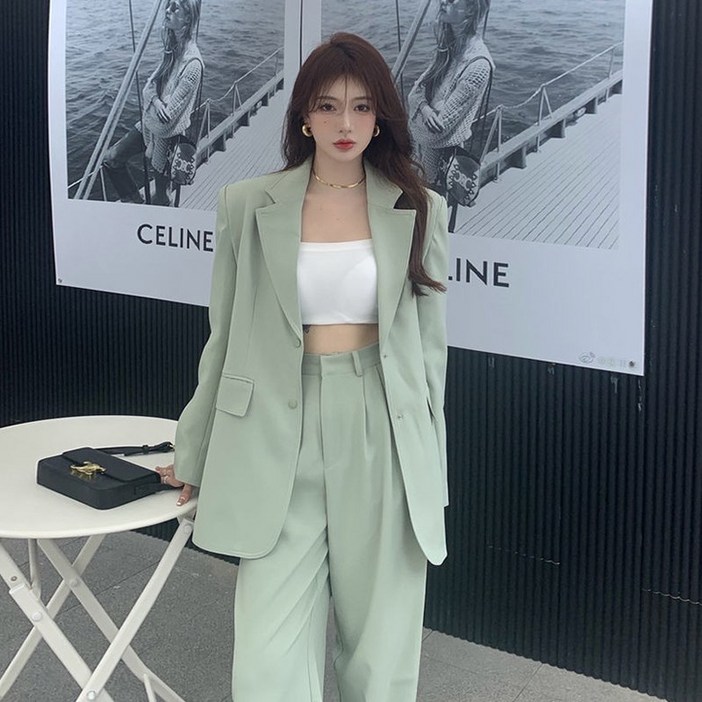Angel 여성 루즈핏 마론 피치 세미 캐주얼 정장 투피스 세트
