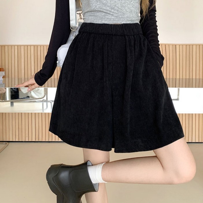 마이쏭 여성 골덴반바지 오버핏 밴딩바지 봄 가을 아미코듀로이버뮤다반바지