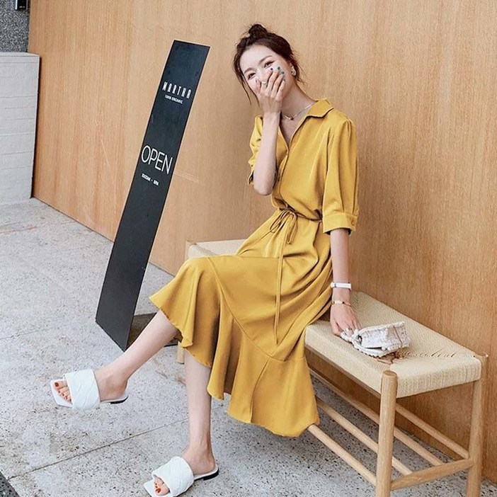 비아이와이 여성 여름 심플 브이넥 솔리드 반팔 원피스 DH633