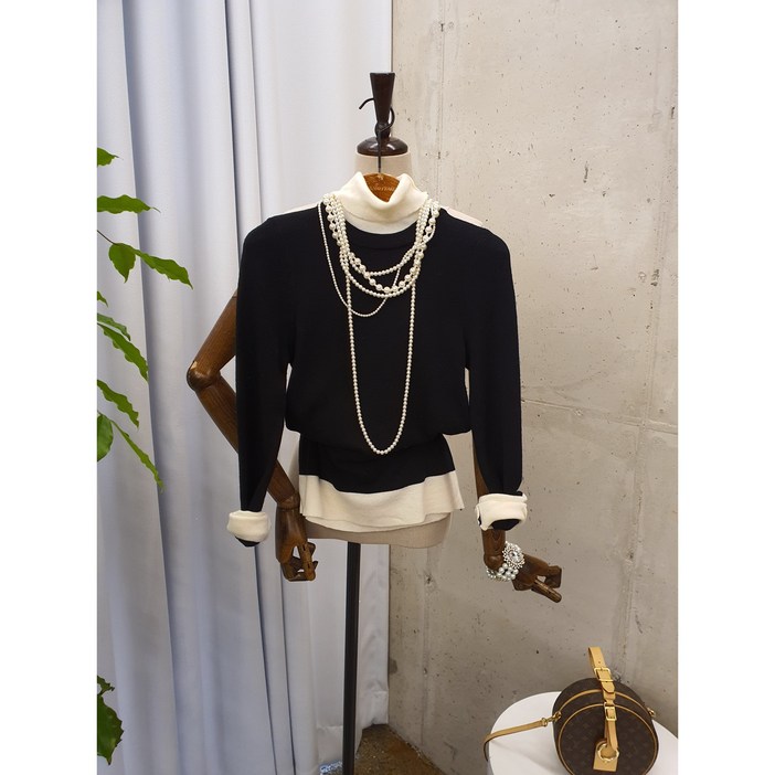 봄신상 무배 아램 배색 폴라 긴팔 스판 니트