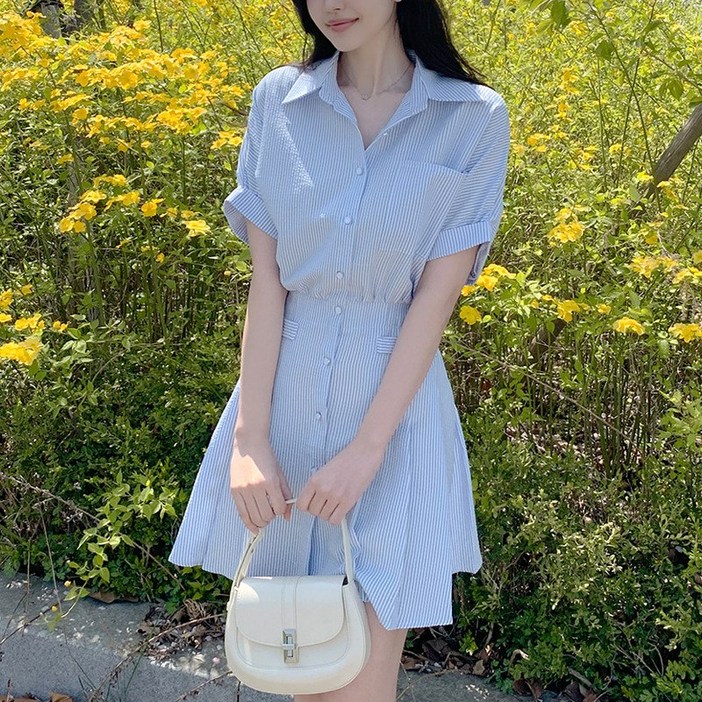 KDNC 백색 줄무늬 슬림 효과 셔츠 원피스