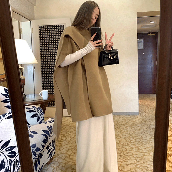 Neirny 여성 케이프 코트 모직 가을 겨울 고급 캐주얼 오버핏 빅사이즈 망토코트 트렌치 아우터 점퍼