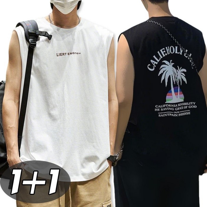 별하늘 [1+1] 남성 여름 스판 캐주얼  민소매 냉감 프린트 오버핏 라운드  티셔츠 2P