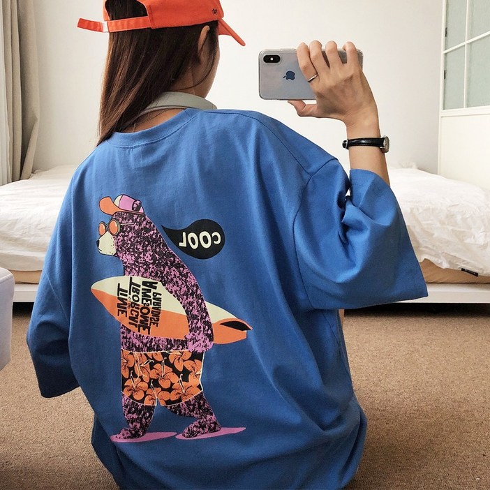 러브앤시티 국내생산 남녀공용 서핑곰 티셔츠 오버핏 반팔티셔츠 라운드넥 여성박스티