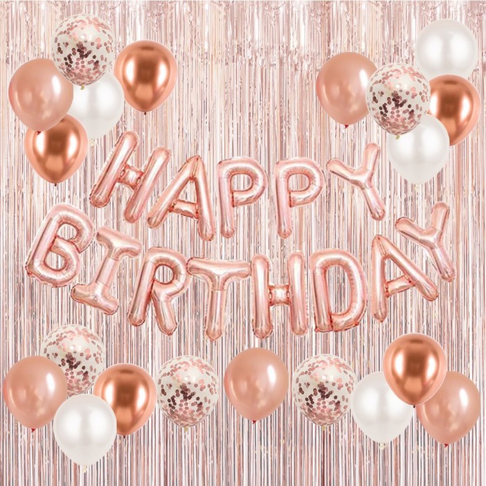 HBD 은박풍선 크롬메탈 혼합풍선세트 파티커튼 생일파티세트 에브리띵스마일 1221, 1세트, 로즈골드 풍선 커튼