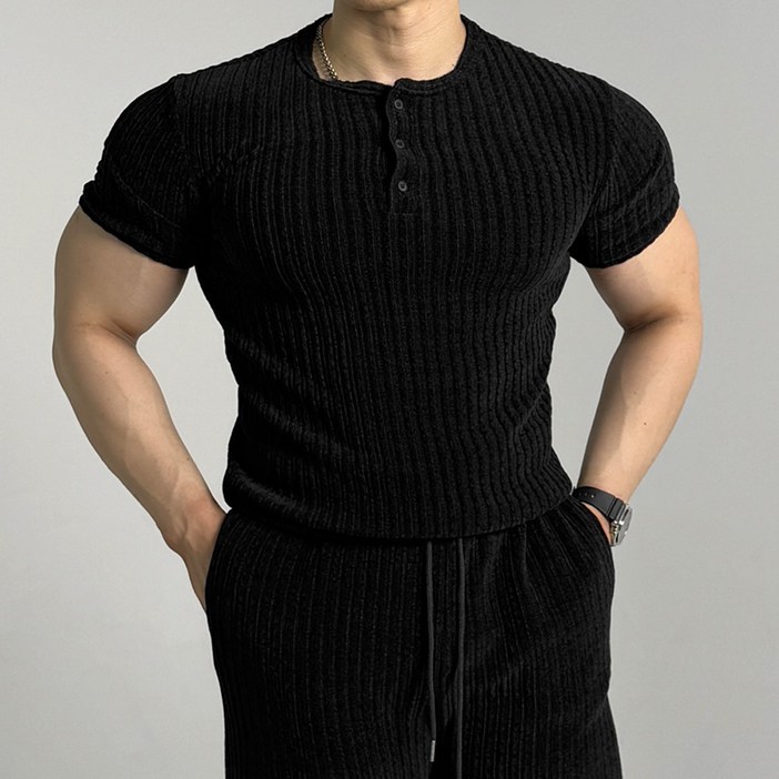 머슬핏 벨로아 헨리넥 반팔티셔츠 2컬러