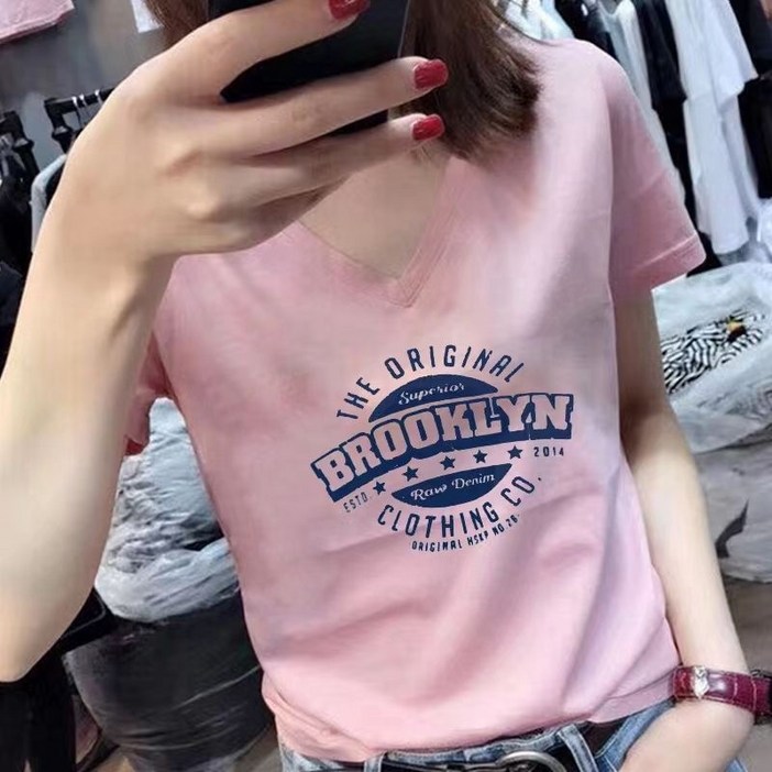 여성 브이넥 반팔 순면 티셔츠