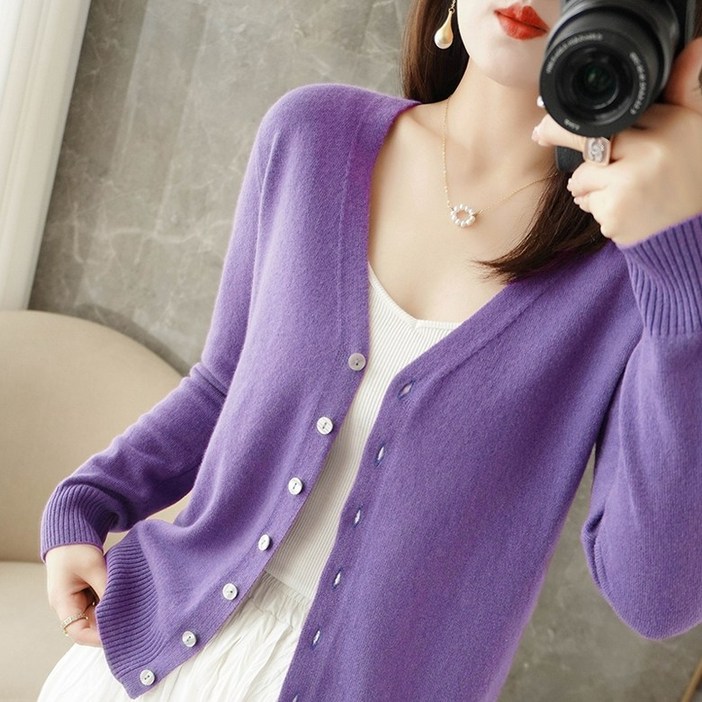 브엘세바 V넥 여성 가디건 스웨터