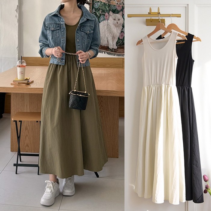 데일리앤 모아르 여성 민소매 이너 레이어드 플레어 롱 바스락 원피스