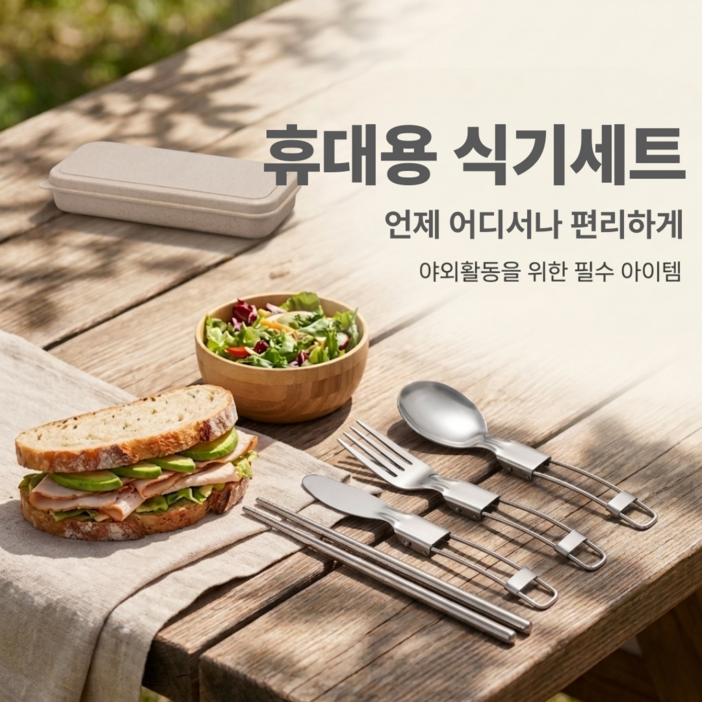 스테인리스 접이식 수저세트 케이스 포함 휴대용 여행 캠핑 식기세트