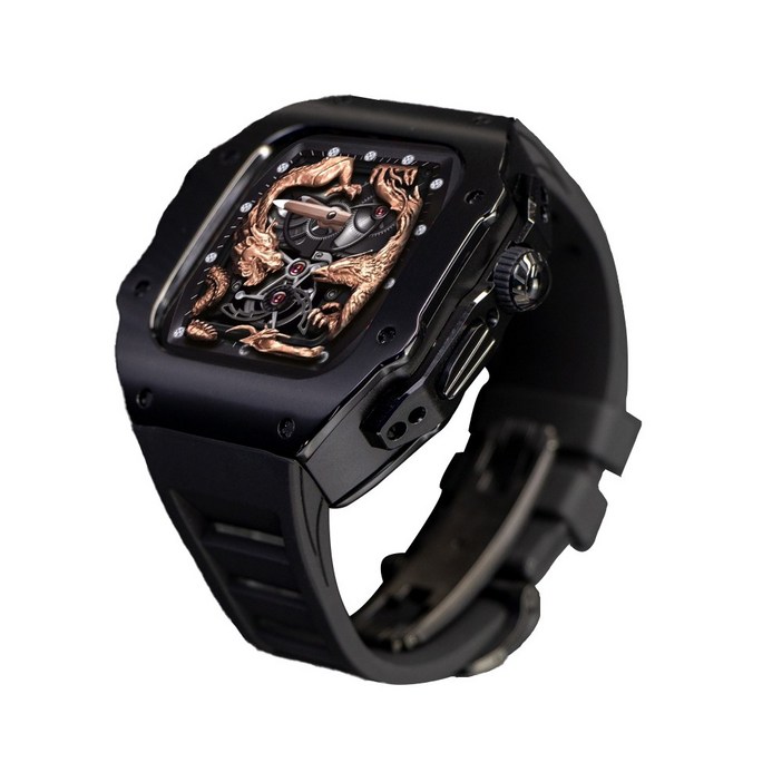 애차드밀 스틸 메탈 케이스 불소 고무 스트랩 밴드 호환 애플워치 울트라/2 49 mm 시리즈 9 8 7 45 mmSE 시리즈 6 5 4 44mm, 블랙