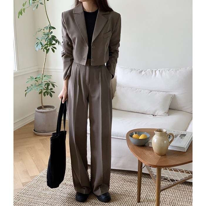 큐니티 여성 크롭자켓핀턱 와이드슬랙스 셋업