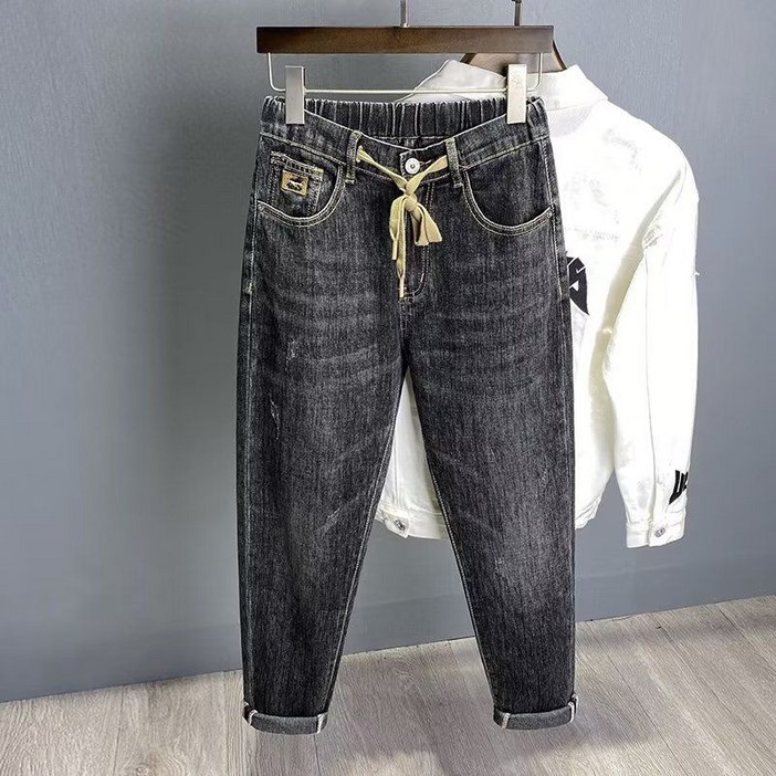 DFMEI 가을과 겨울 청바지 남성용 탄성 허리 경사 포켓 졸라매는 끈 넥타이 탄성