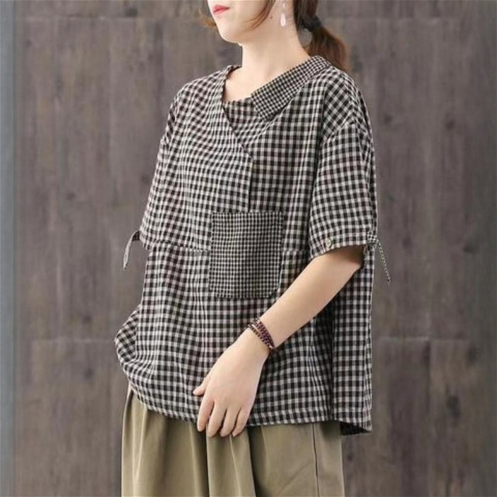 SAHINER 여성 체크 반팔 블라우스 루즈핏 린넨 혼방 봄여름 캐주얼 ATX61