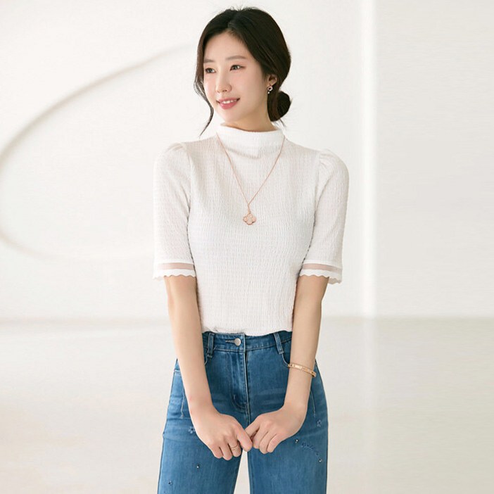 스타일온미 루이스엔젤  헬렌 물결 라인 배색 5부 소매 쟈가드 블라우스 티