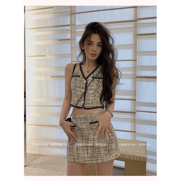 HS ROUYAO 트위드 민소매 미니 스커트 투피스