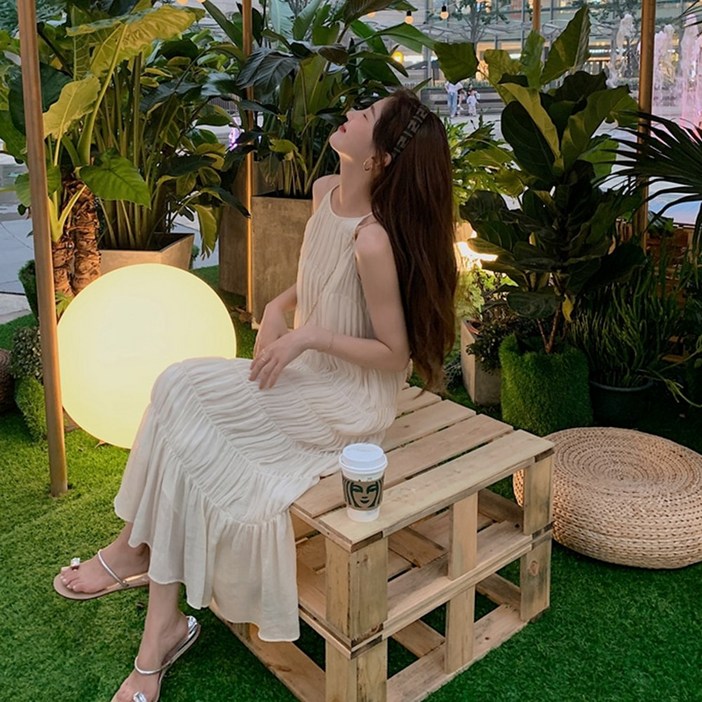 SML사이즈여성 휴양지 쉬폰 홀터넥 롱 원피스 빅사이즈 나시 민소매