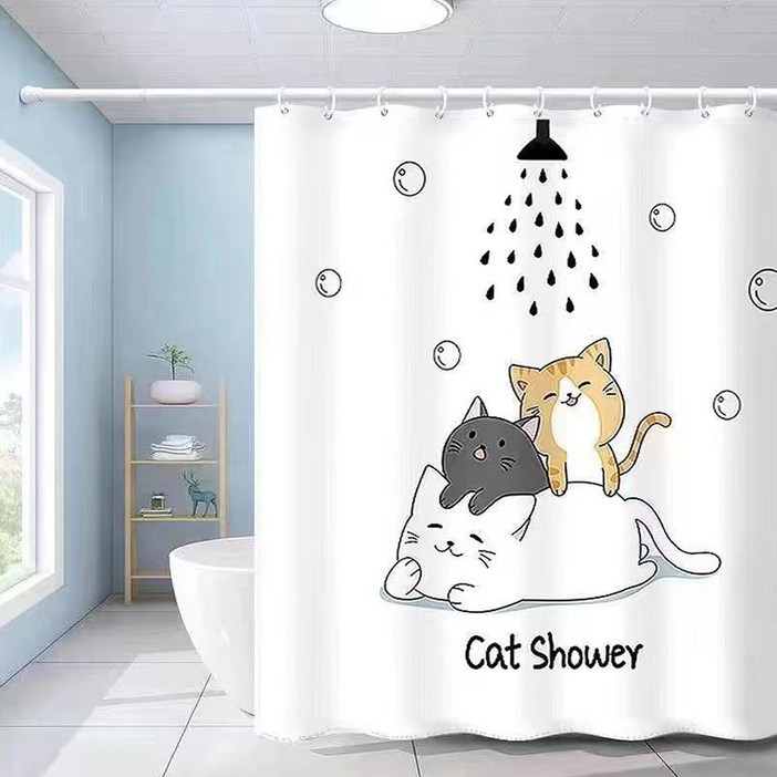 패브릭 욕실 샤워커튼 캣샤워 + 커튼링(12p) 세트