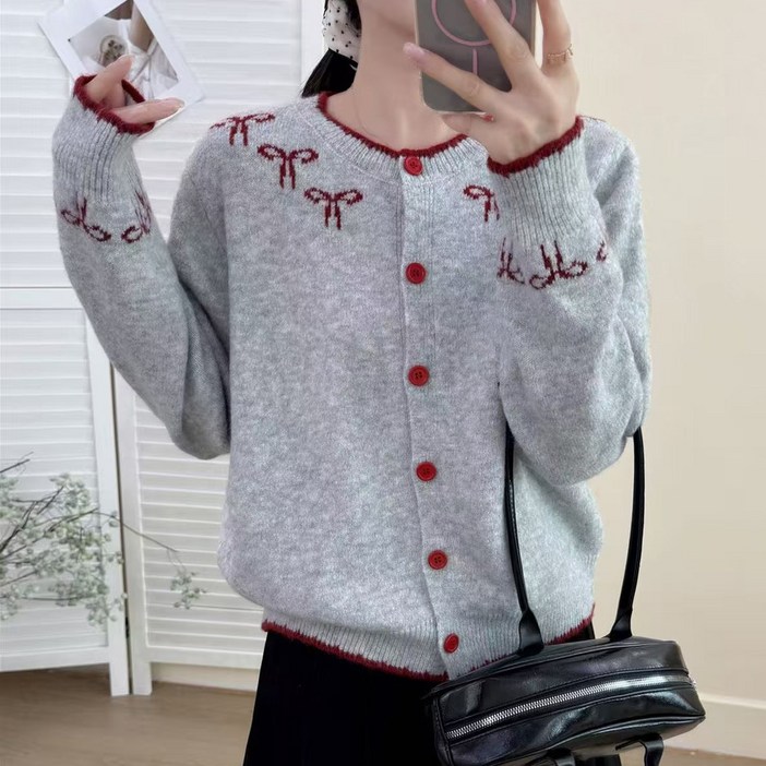 cammello 기본핏 보더라인 배색 리본 패턴 니트 가디건 긴팔 스웨터