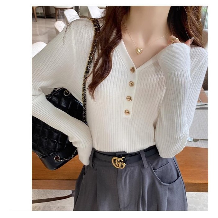 여성 슬림핏 브이넥 골지 니트