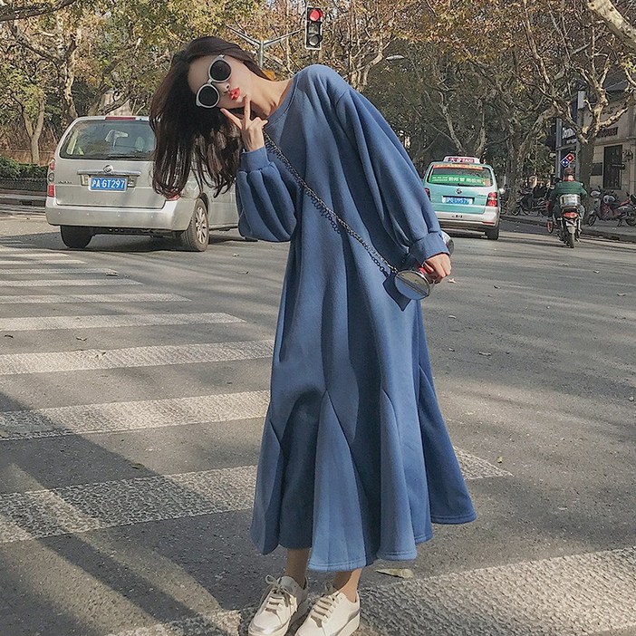 COSYEVNO 여자 맨투맨 원피스 기모 루즈핏 캐주얼 추동 라운드 머메이드 롱스커트 CQYW02