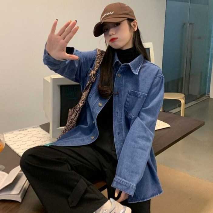 POMTOR 여성 청남방  패션 오버핏 데님 셔츠