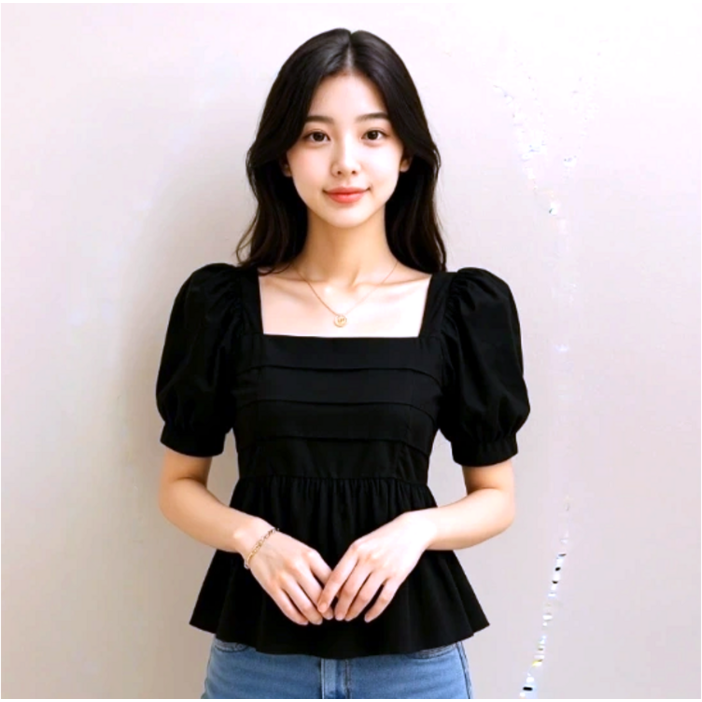 NOIRIVE 스퀘어넥 퍼프 블라우스 (블랙)
