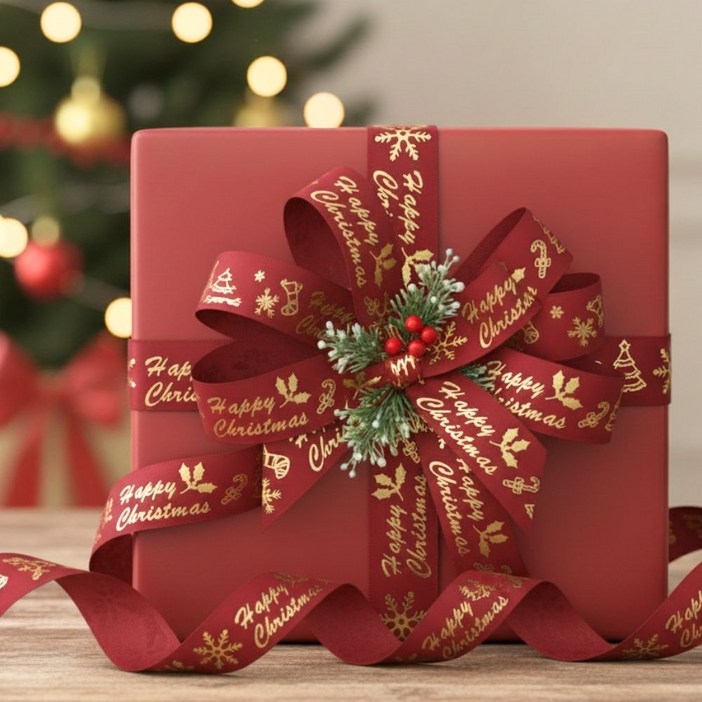상일상회 크리스마스리본 선물 포장 끈 2개, 1세트, 46m, 그린+골드와인